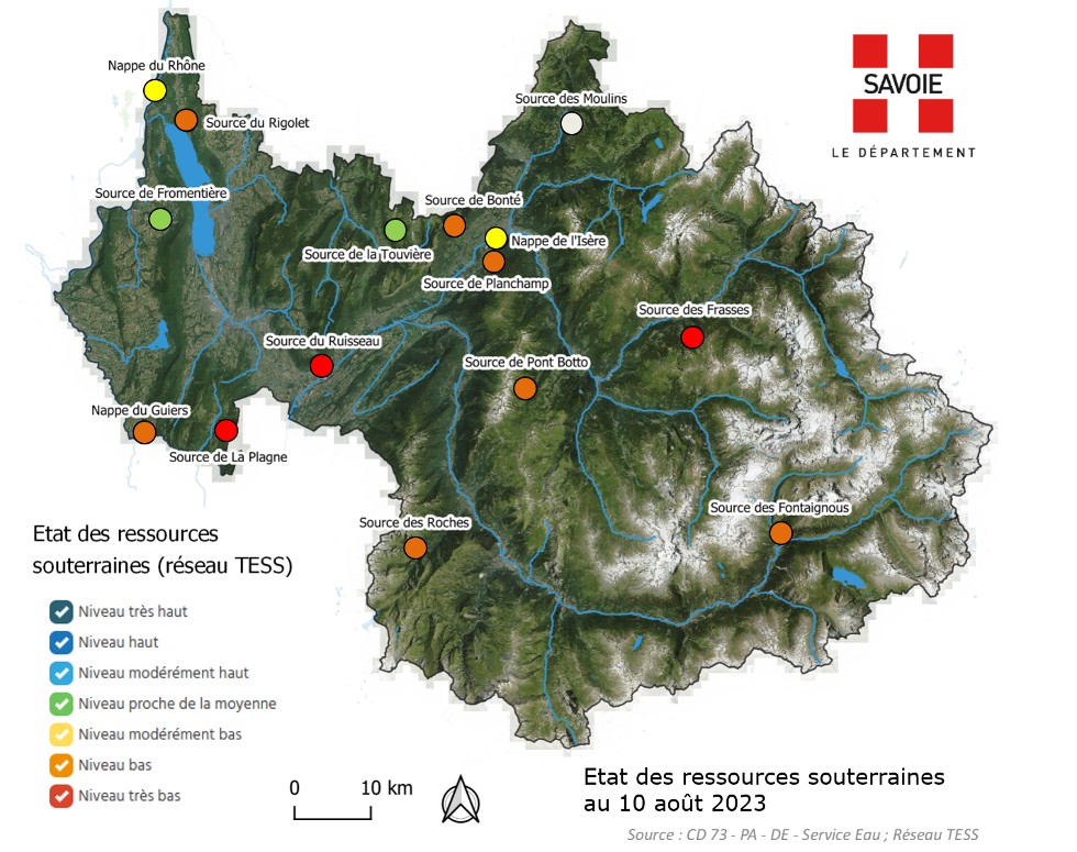 Etat des ressources souterraines de Savoie en date du 10 août 2023